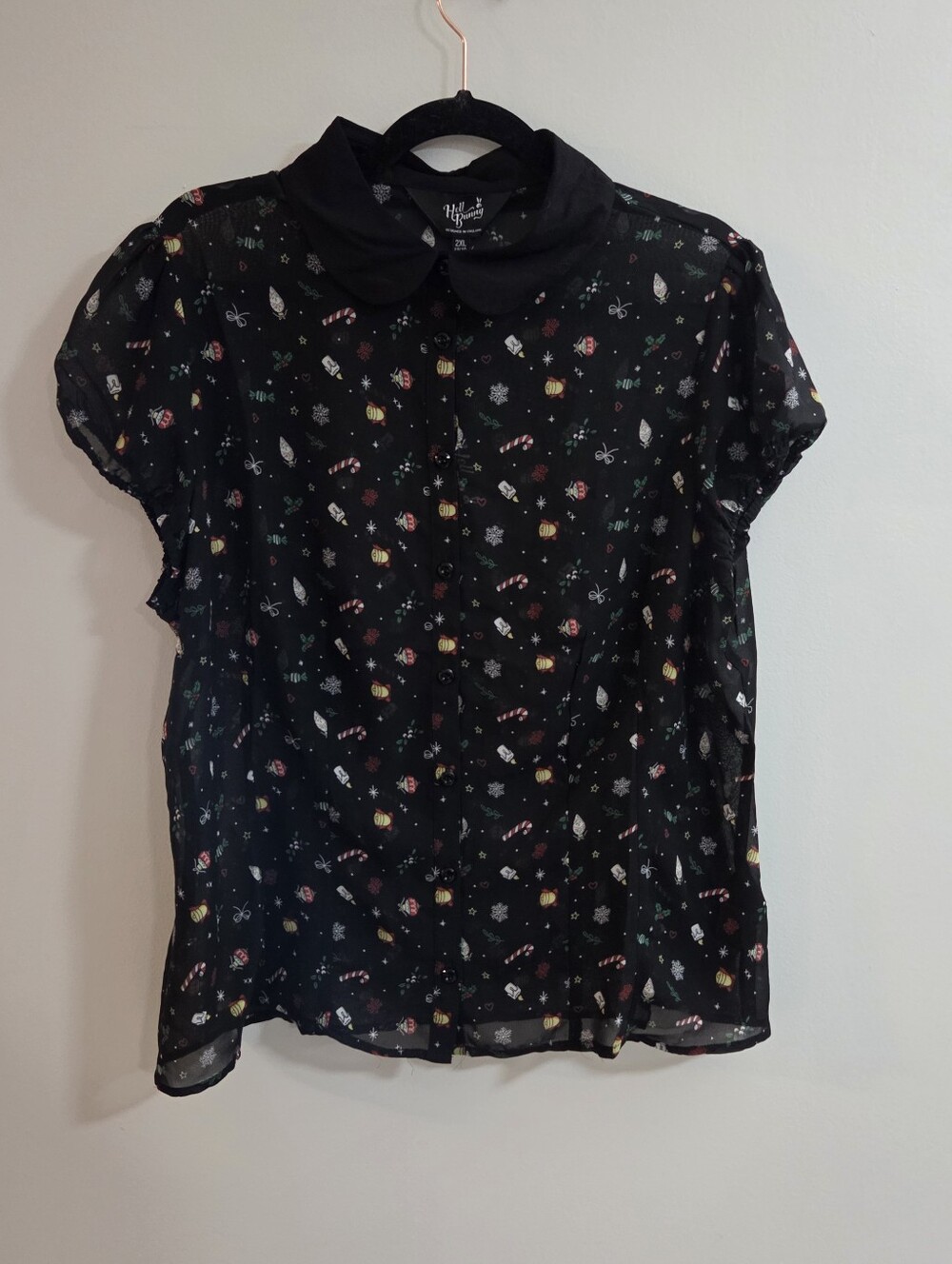 Hell Bunny - Black Sheer Peter Pan Collar Short Sleeve Blouse - Holiday Print